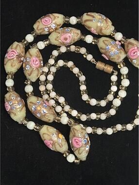 Vintage Handpainted Murano Glass Beaded Necklace Italy 1940-1950s Venetian Art